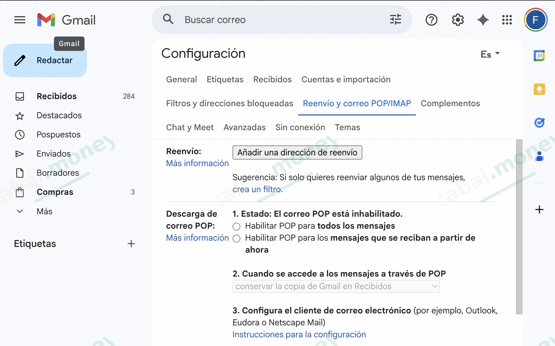 Gmail en la pestaña Reenvío y correo POP/IMAP antes de agregar la dirección de Cabal.