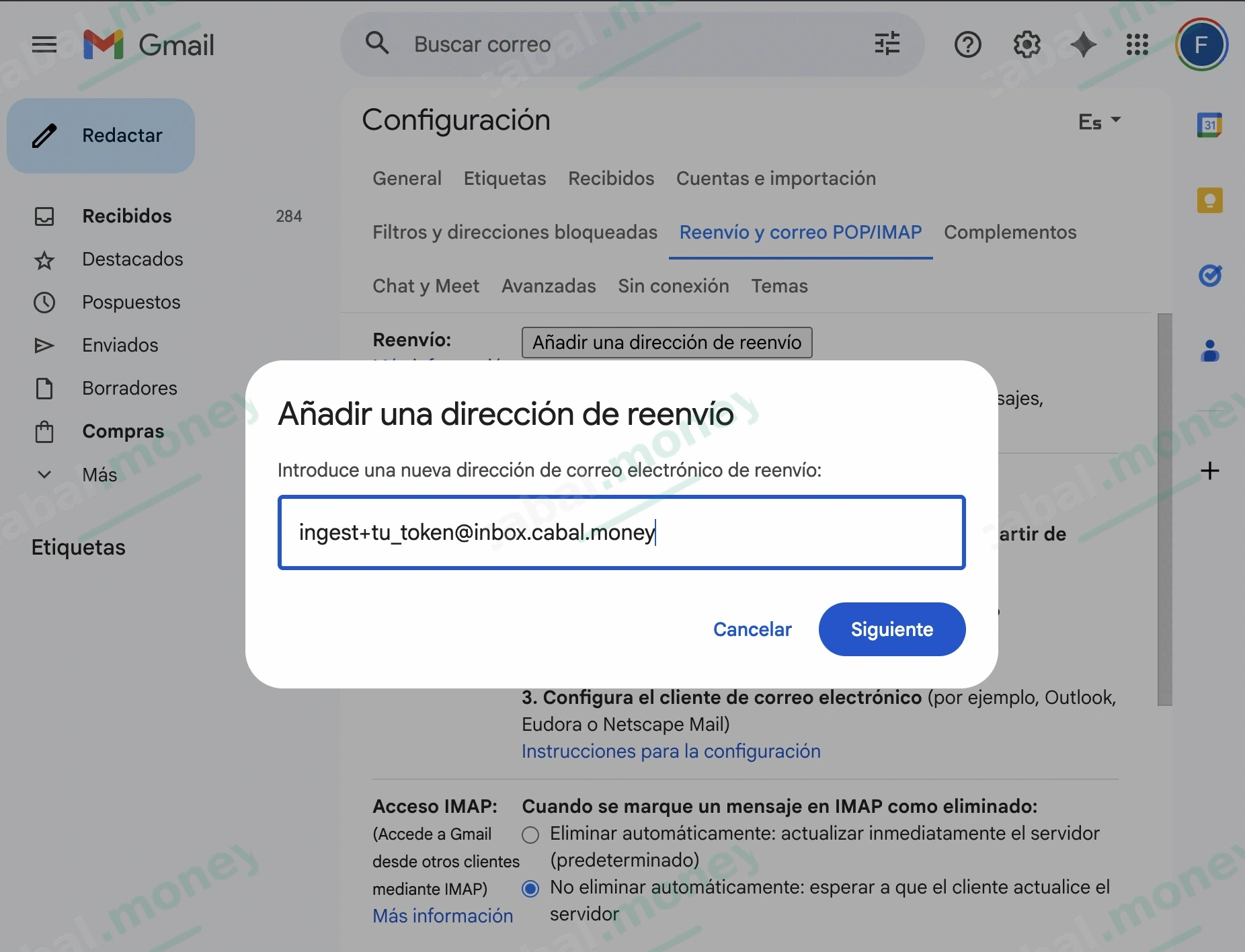 Modal de Gmail para agregar una dirección de reenvío con la dirección de Cabal pegada.