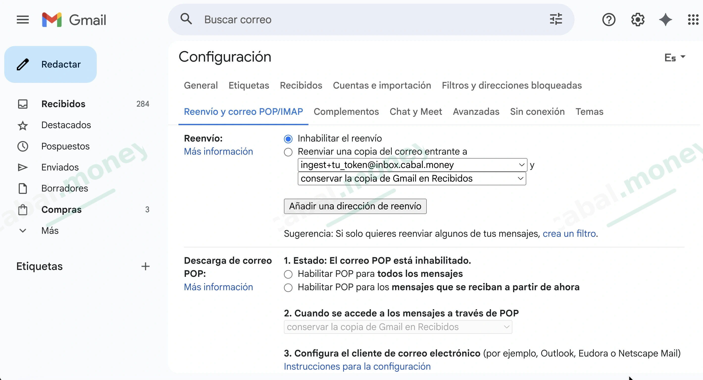 Gmail mostrando la dirección ya disponible en Reenvío y correo POP/IMAP y la sugerencia crea un filtro.