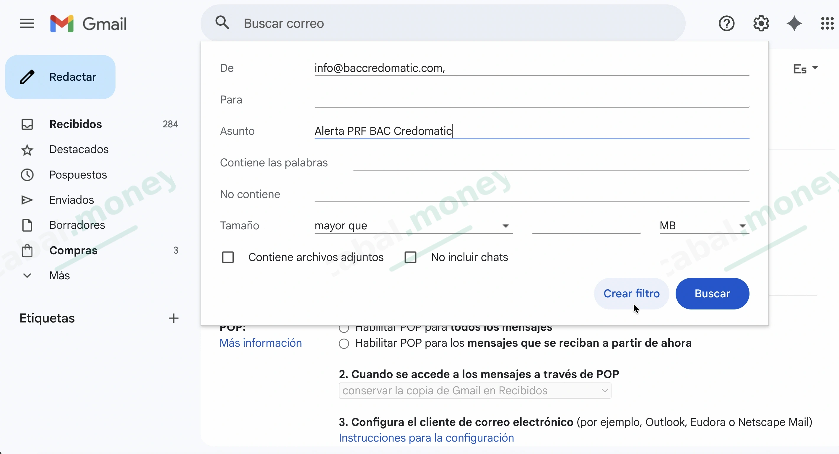 Panel avanzado de búsqueda de Gmail con los campos De y Asunto llenos.