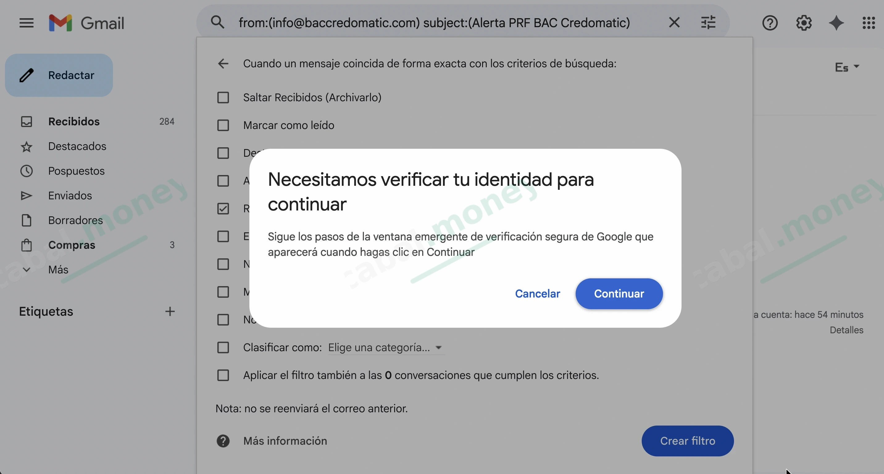 Diálogo de Gmail que pide verificar la identidad antes de terminar de crear el filtro.