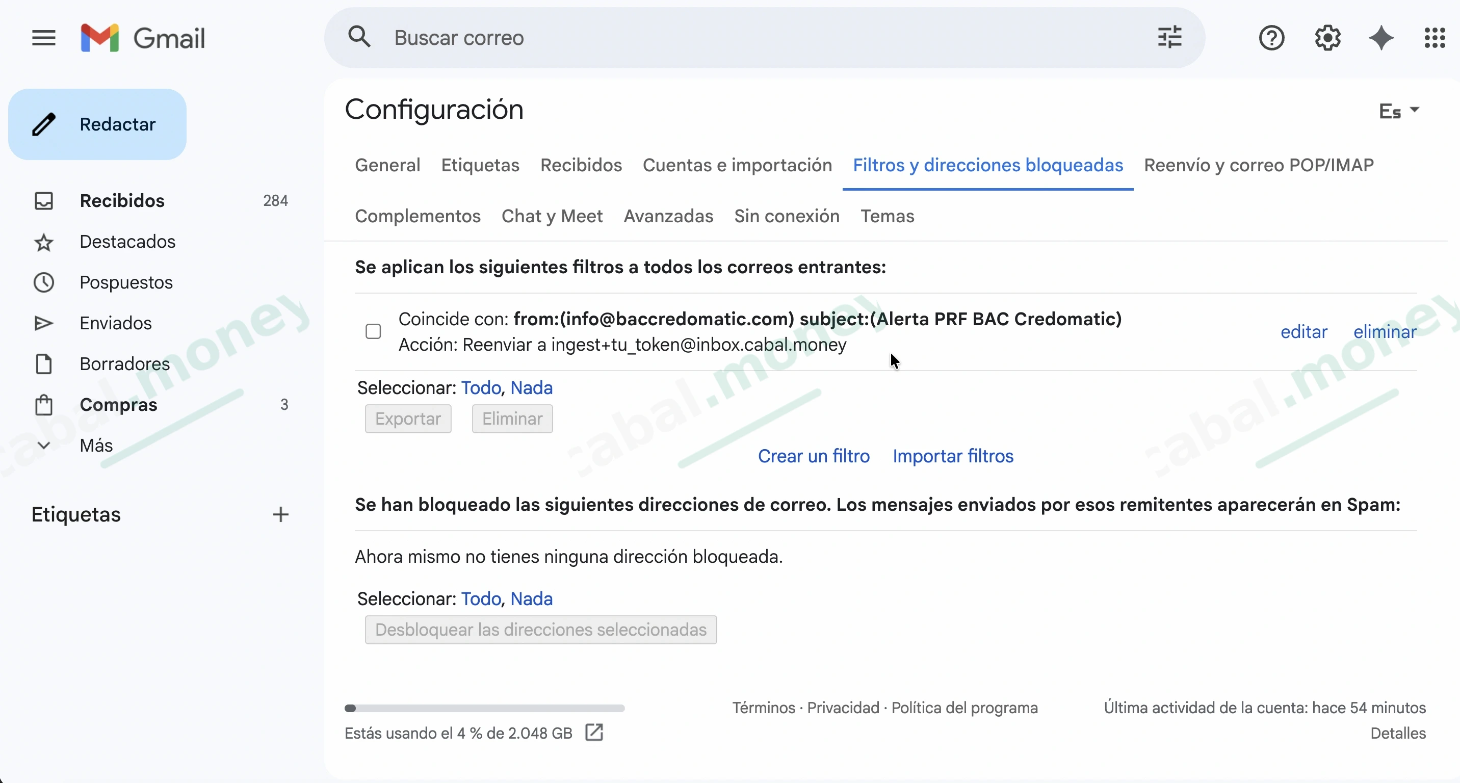 Listado final de filtros de Gmail mostrando la regla creada para BAC Credomatic.